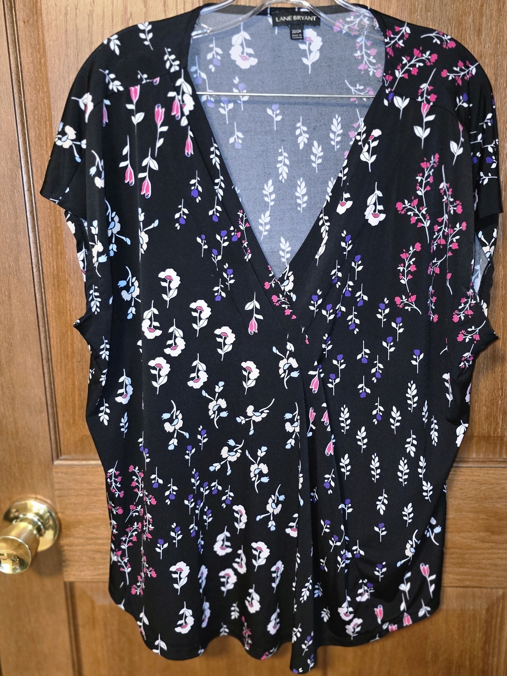 Lane Bryant Women's Black Floral Faux Wrap Draped Blouse Size 22/24 Plus